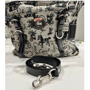 Coach F13609 Horse & Carriage Graphic Tote Canvas Shoulder Bag Black White